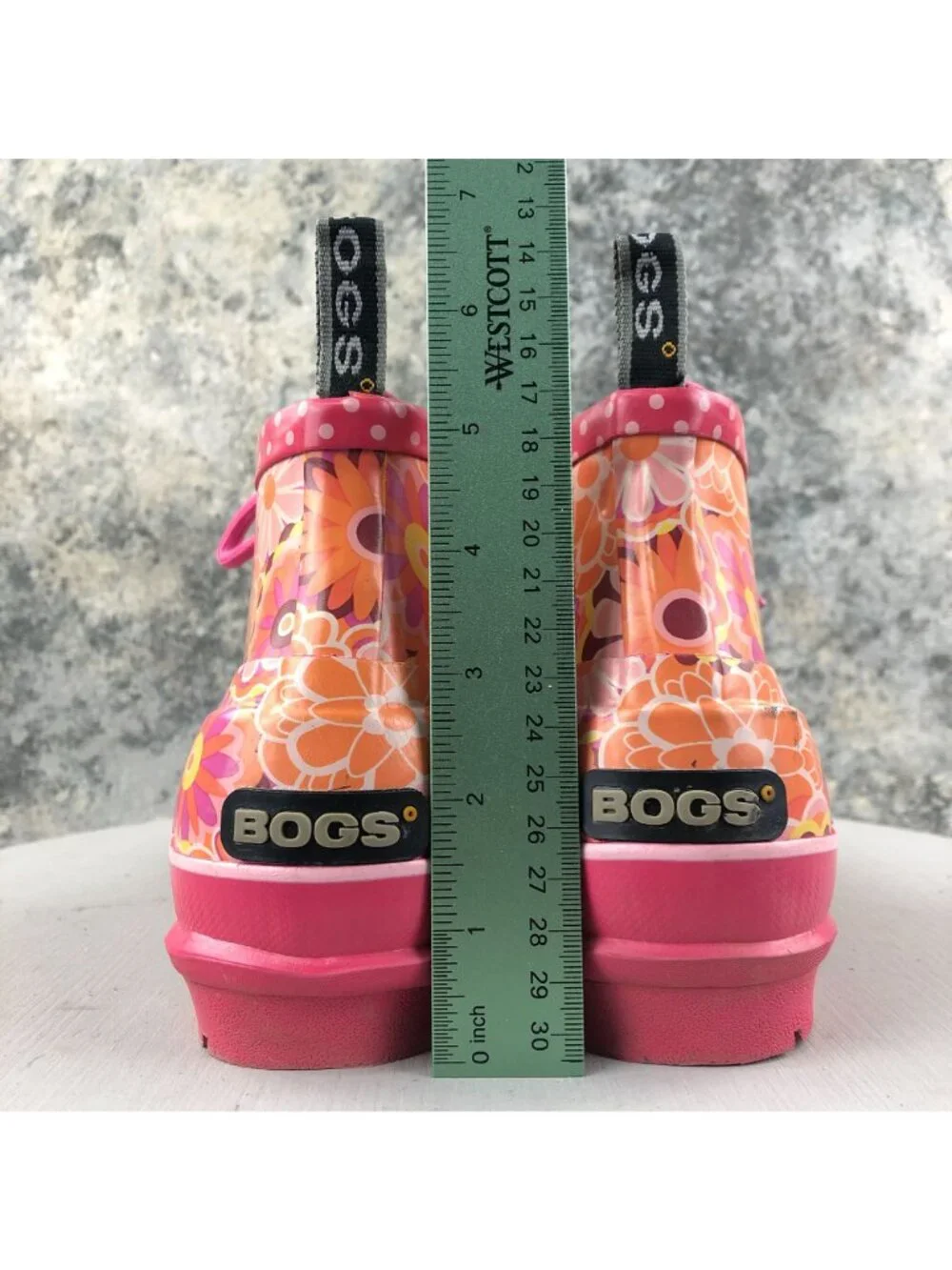 Bogs Kids Size 6 Charlot Pink Orange Floral Print Lace-Up Ankle Rain Boots